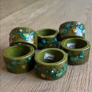 Vintage Fitz & Floyd Green Napkin Rings with Blue and Gold Accents ~ set of 6